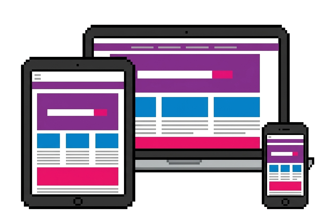 Web development illustration with responsive layouts across devices